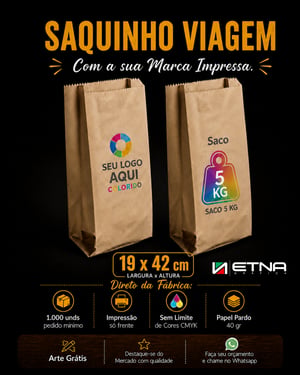 Saquinhos Viagem Papel Pardo 40 gr 19 x 42 cm ( LxA ) - 5 kg Colorido CMYK Frente Impressão Digital Frente Pacote Medida Aberta: 44x53 cm