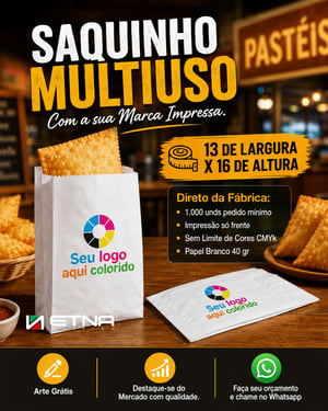 Saquinhos Multiuso Papel Branco 40 gr 13 x 16 cm ( LxA ) Colorido CMYK Frente Impressão Digital Frente Pacote Medida Aberta: 18x38 cm