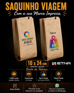 Saquinhos Viagem Papel Pardo 40 gr 10 x 24 cm ( LxA ) - 1 kg Colorido CMYK Frente Impressão Digital Frente Pacote Medida Aberta: 26x32 cm