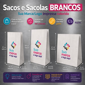 Sacos e Sacolas Digitais M Branco 24 L x 34 A x 14,5 P (cm) B CMYK Impressão Digital Pacote Frente ou Frente/Verso