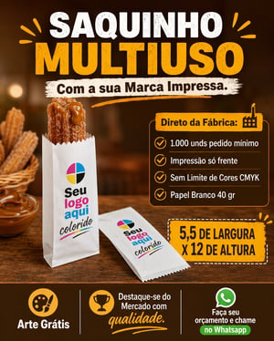 Saquinhos Multiuso Papel Branco 40 gr 5,5x 12 cm ( LxA ) Colorido CMYK Frente Impressão Digital Frente Pacote Medida Aberta: 13x14 cm