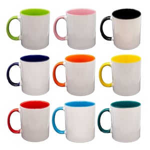 CANECA CERÂMICA 325ML - BRANCA COM INTERNO E ALÇA COLORIDA      