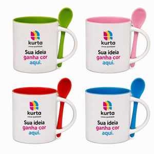 CANECA CERÂMICA 325ML COM COLHER - BRANCA COM INTERNO E ALÇA COLORIDA      