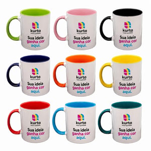 CANECA CERÂMICA 325ML - BRANCA COM INTERNO E ALÇA COLORIDA      