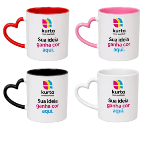 CANECA CERÂMICA COM ALÇA CORAÇÃO 325ML - BRANCA COM INTERNO E ALÇA COLORIDA      