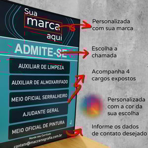 Placa admite-se vagas em aberto 50x70 cm com 4 cargos