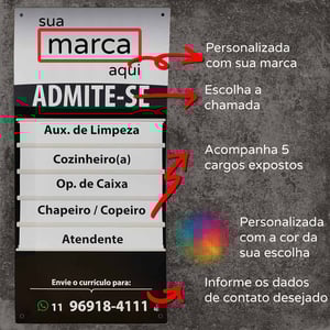 Placa admite-se vagas em aberto 40x85 cm com 5 cargos