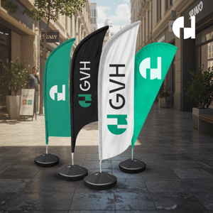 Wind Banner 65x190cm Kit Completo Tecido Poliéster Vários Formatos - 65x190cm Todo Colorido Impresso frente e Verso impressão ultra HD sublimatica dupla face costurado com estrutura e base 