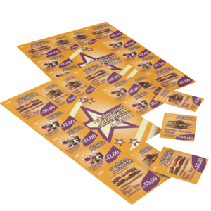 Folha Cupom de Desconto com 15 Cupons Couchê 120g Frente e Verso Coloridos Couchê 120g 15x21cm 4x4 - Frente e Verso Coloridos Sem Verniz Serrilha - Cupom de Desconto 