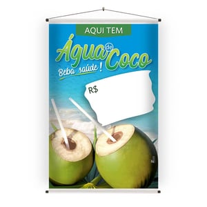 Banner água de coco 40x60 cm em lona Lona 380 g/m² 40x60 cm 4x0 cores (colorido frente e verso sem impressão) Fosco Refile manual, bolsa em solda eletrônica, bastão de madeira, estirante e ponteiras plástica Sem opção de extras
