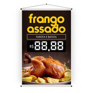 Banner frango assado 40x60 cm em lona Lona 380 g/m² 40x60 cm 4x0 cores (colorido frente e verso sem impressão) Fosco Refile manual, bolsa em solda eletrônica, bastão de madeira, estirante e ponteiras plástica Sem opção de extras