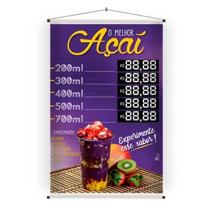Banner açaí 40x60 cm em lona Lona 380 g/m² 40x60 cm 4x0 cores (colorido frente e verso sem impressão) Fosco Refile manual, bolsa em solda eletrônica, bastão de madeira, estirante e ponteiras plástica Sem opção de extras