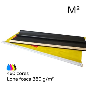Faixa impressa em lona fosca Lona 380 g/m² M² personalizado 4x0 cores (colorido frente e verso sem impressão) Fosco Refile manual, madeira retangular grampeada nas extremidades e no centro Sem opção de extras