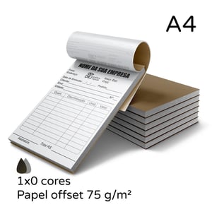Talão personalizado 21x29,7 cm 100 vias Papel offset 75 g/m² A4 (21x29,7 cm) 1x0 cores ou 1x1 cores (preto e branco) fosco Refile e blocagem Sem opção de extras
