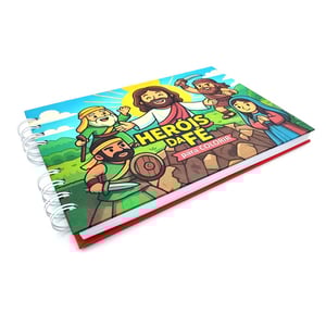 Livro infantil de colorir bíblico: Colorindo com Jesus - Heróis da Fé Capa dura revestida com vinil adesivo e laminação fosca e miolo preto e branco opaline 180 g/m² 15,5 x 21 cm Capa e contra capa colorida e miolo preto e branco Fosco Wire-o Com acetato para não marcar o desenho debaixo