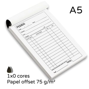 Talão personalizado 14,8x21 cm 100 vias Papel offset 75 g/m² A5 (14,8x21 cm) 1x0 cores ou 1x1 cores (preto e branco) fosco Refile e blocagem Sem opção de extras