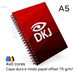 Caderno empresarial personalizado A5 capa dura e wire-o Miolo em papel offset 75 g/m² capa em papelão cinza 1.7 mm com vinil adesivo A5 4x4 cores - capa, contra capa e miolo preto e branco padrão Laminação BOPP fosca ou brilho Refile e wire-o Elástico e folha de rosto