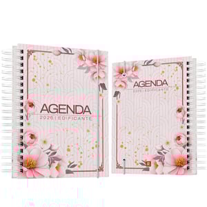 Agenda 2026 floral edificante modelo 09 Capa dura revestida com vinil adesivo e laminação fosca ou brilho ou brilho e miolo colorido em papel offset 75 g/m² 15,5 x 21 cm Capa, contra capa e miolo colorido Fosco ou brilho Wire-o Elástico e ilhoses e personalização com nome