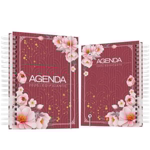 Agenda 2026 floral edificante modelo 10 Capa dura revestida com vinil adesivo e laminação fosca ou brilho ou brilho e miolo colorido em papel offset 75 g/m² 15,5 x 21 cm Capa, contra capa e miolo colorido Fosco ou brilho Wire-o Elástico e ilhoses e personalização com nome