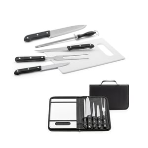 94144 - Kit churrasco em estojo de nylon 210D com tábua em PP e 5 utensílios em aço inox e PP      