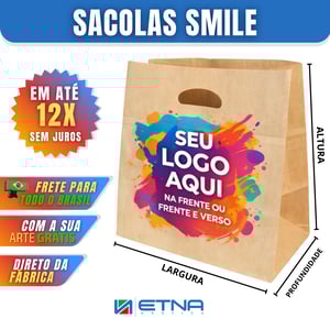 Sacolas Smile Digitais Kraft Pardo 21 L x 22 A x 11,5 P (cm) CMYK Impressão Digital Pacote/Boca Reforçada Frente ou Frente/Verso