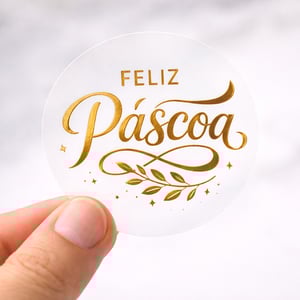 Adesivo Vinil Transparente Metálico Dourado | 4x4cm Vinil transparente 4x4cm Impressão frente Hotstamping dourado Redondo 