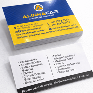 Cartão de Visita Couchê 300g  8,7 x 4,7cm Colorido frente com verso preto e branco (cmyk 4x1) Verniz total frente  