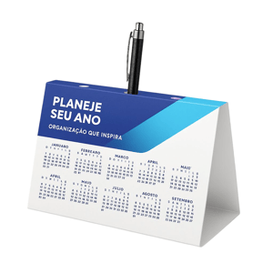 Calendário de Mesa Porta-Caneta Couché Brilho 250g 85x53mm 4x4 - Colorido Frente e Verso Verniz Total Brilho Faca Padrão 