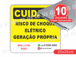 Placa Cuidado Risco De Choque Elétrico Geração Própria 25x25cm Chapa Galvanizada