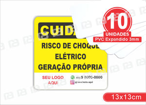 Placa Cuidado Risco De Choque Elétrico Geração Própria 13x13 Pvc 3mm