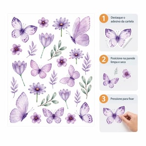Adesivo de Parede Borboletas Flores Infantil Feminino Decoração Quarto Menina Vinil Fácil Aplicação