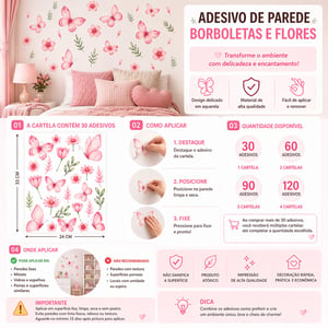 Adesivo de Parede Borboletas Flores Infantil Feminino Decoração Quarto Menina Vinil Fácil Aplicação