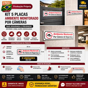 Combo 5 Placas Ambiente Monitorado por Câmeras de Segurança | Placa de Aviso Segurança