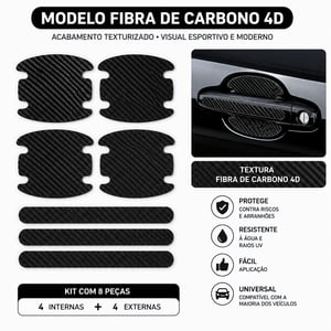 Kit 8 Adesivos Protetores para Maçaneta Automotiva – Fibra de Carbono 4D, Black Piano ou Cristal