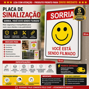 02 Placas Segurança Câmeras Sorria Você Está Sendo Filmado PS 1mm 20x15cm Impressão UV