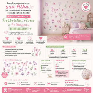 Adesivo de Parede Borboletas Flores Infantil Feminino Decoração Quarto Menina Vinil Fácil Aplicação