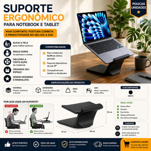 Suporte Notebook até 17” Ergonômico | Base para Notebook e Tablet Slim Antiderrapante Mesa