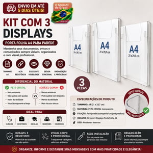 Kit 3 Displays Porta Folha Prontuário Parede A4 Acrílico PETG CRISTAL 2 MM