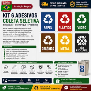 Adesivo Coleta Seletiva Lixo Reciclagem Kit 6 Unidades Vinil Lixeiras