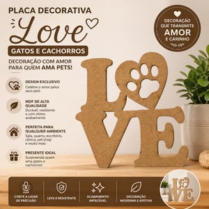 Placa Decorativa Love Gatos e Cachorros MDF Corte Laser Decoração De Parede
