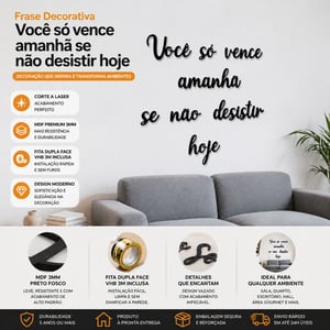 Frase Decorativa Você Só Vence Amanhã Se Não Desistir MDF Preto Parede Motivacional
