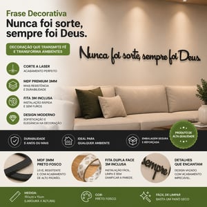 Frase Decorativa Nunca Foi Sorte Sempre Foi Deus MDF Preto Parede Autocolante