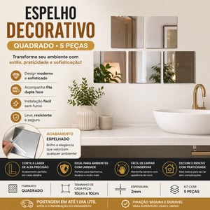 Espelho Decorativo Quadrado 5 Peças 10x10cm Parede Banheiro Quarto Sala Sem Furo