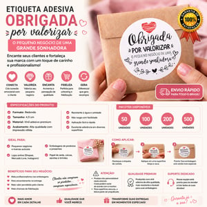 Etiqueta Adesiva “Obrigada por Valorizar” 4,5cm | Vinil Premium | 50 a 500 Unidades