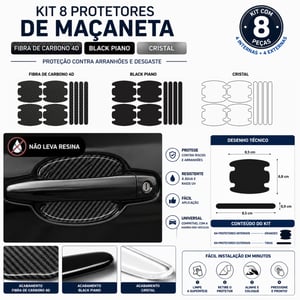 Kit 8 Adesivos Protetores para Maçaneta Automotiva – Fibra de Carbono 4D, Black Piano ou Cristal
