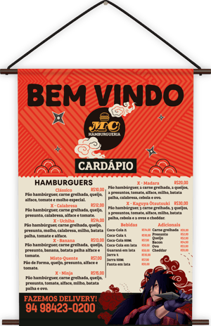 Banner Lona 440g  4x0 Brilho Bastonete, Cordão de Nylon e Ponteiras 