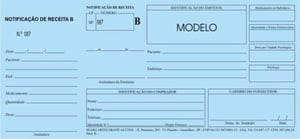 RECEITUÁRIO B Papel Offset Azul 75g 25X9cm Impressão em preto  Bloco com 50 folhas e canhoto Picote e grampo