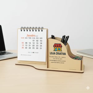 Calendário de Mesa Porta Caneta e Clip Personalizado em Madeira Mdf