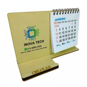 Calendário de Mesa Porta Celular Personalizado em Madeira Mdf