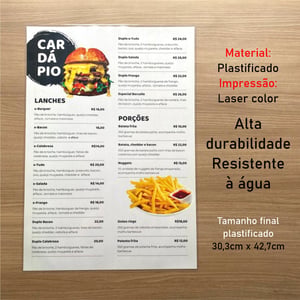 Cardápio A3 Plastificado 29,7cmx42cm - Folha Única